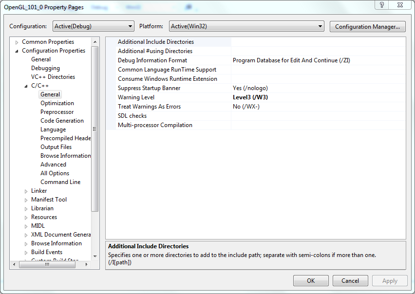 Visual Studio project properties C C++ General