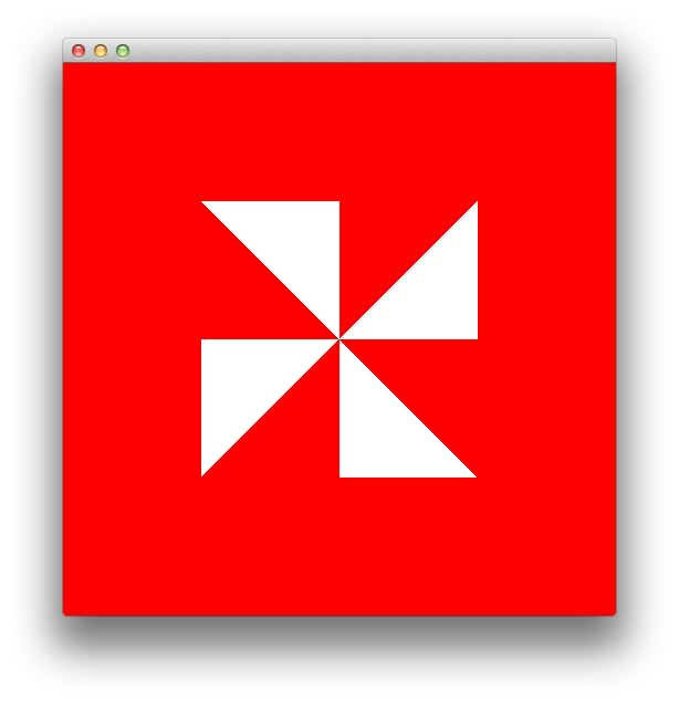 Four filled white triangles on a red background