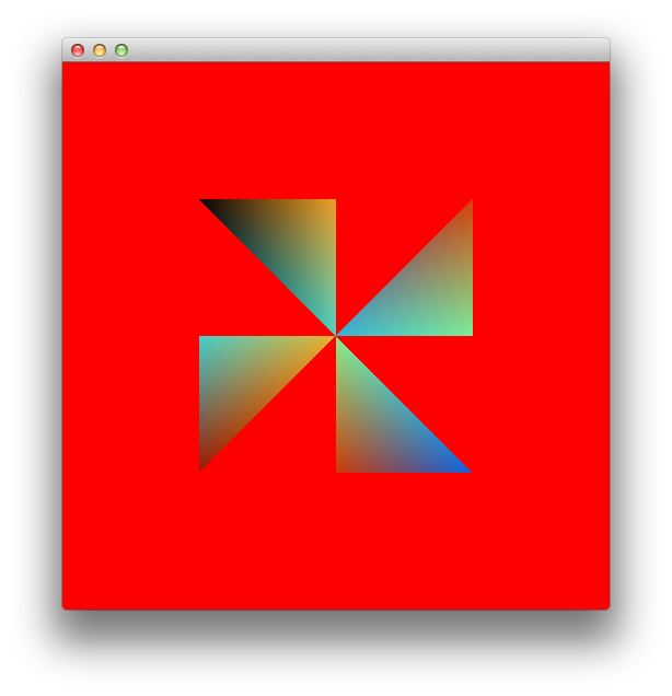 Triangles filled with radom colours on a red background