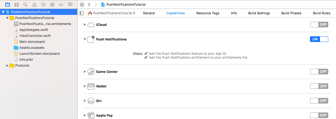 iOS project capabilities enable push notifications