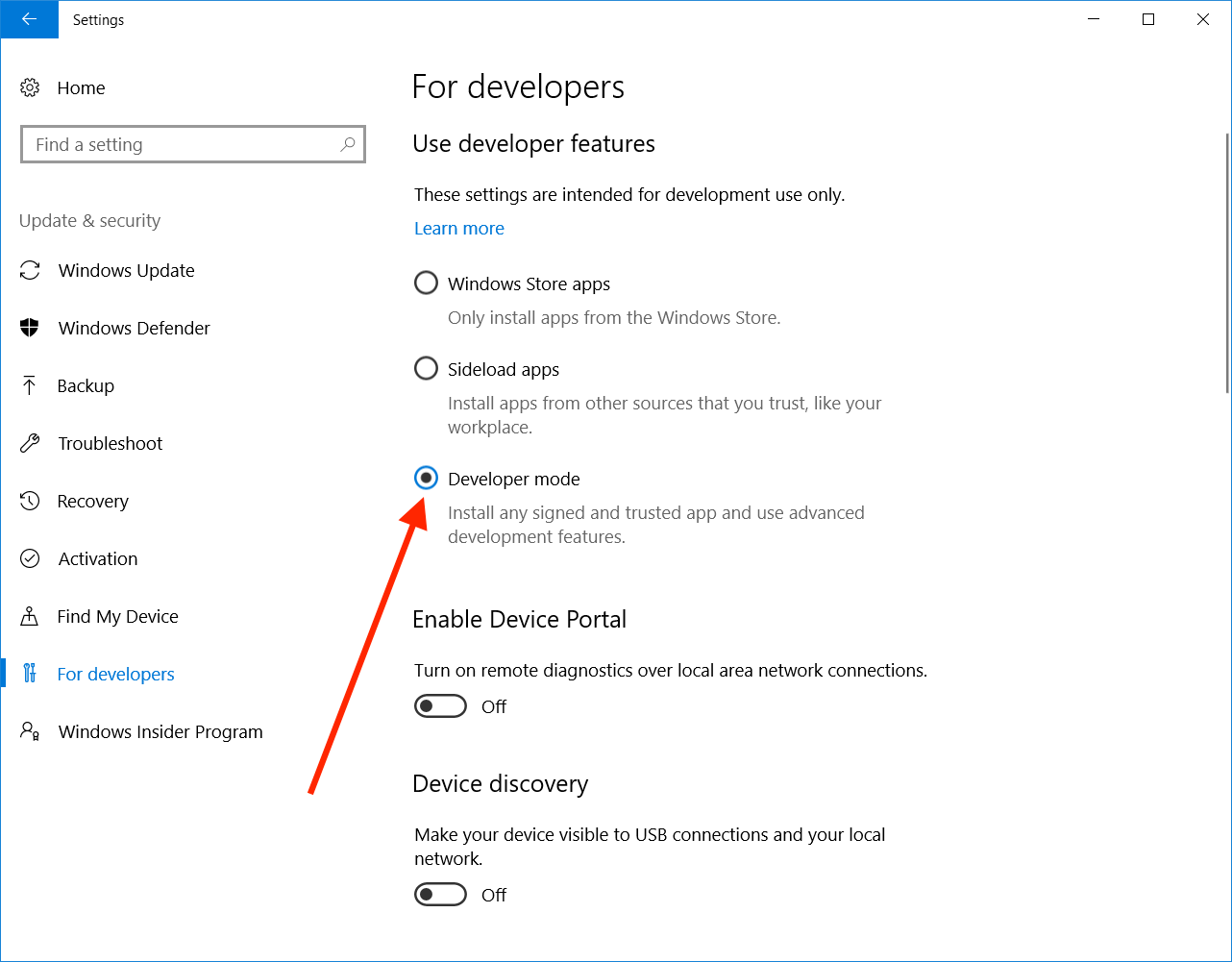 Windows 10 enable Developer Mode