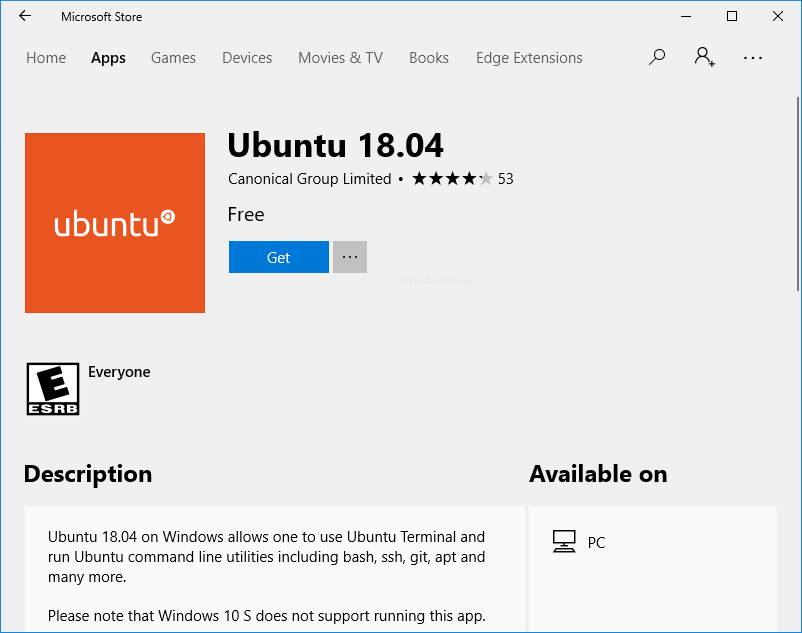 Windows 10 Microsoft Store Ubuntu 18.04 app