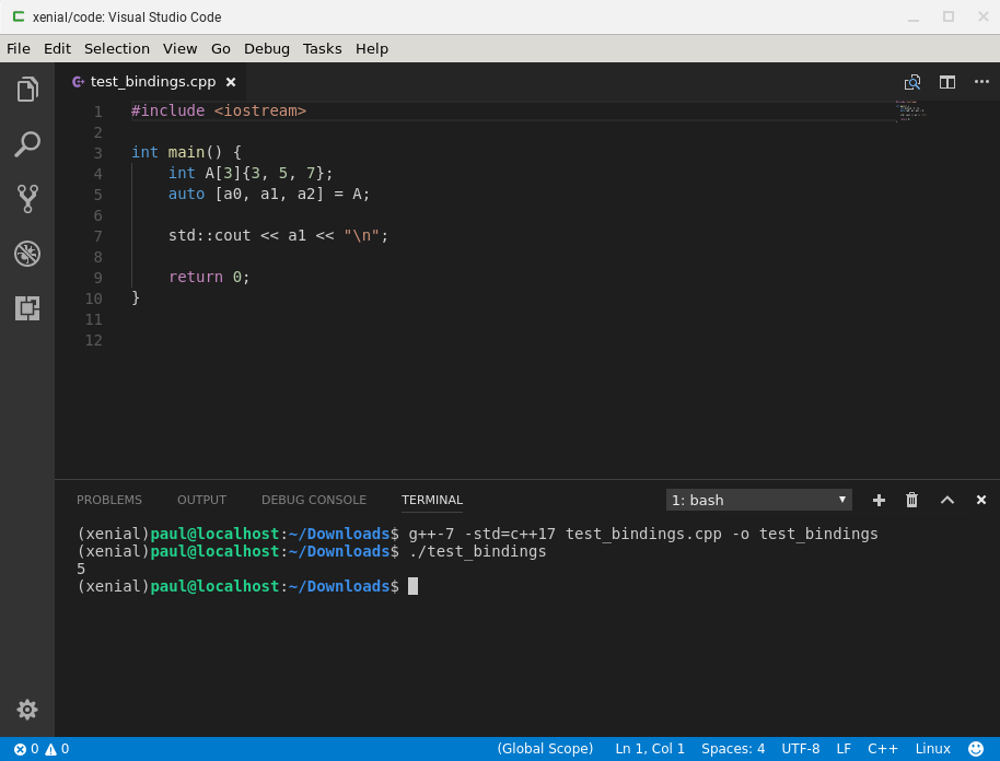 xiwi window with Visual Studio Code C++17 code example